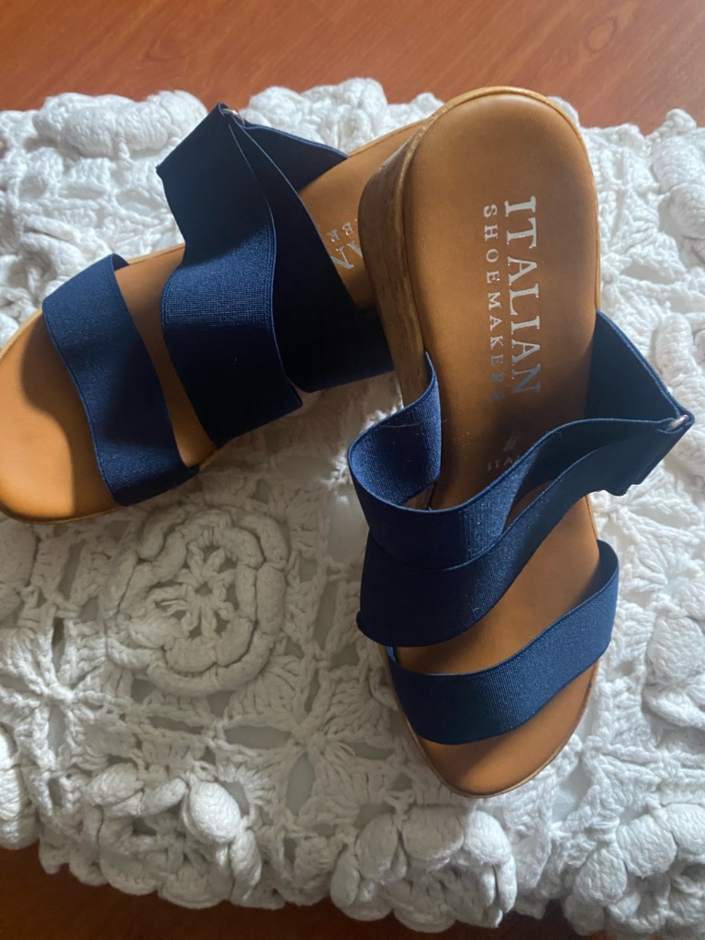 Italian Shoemakers Navy Elastic Strap Wedge Sandals with Tan Footbed Size 7.5